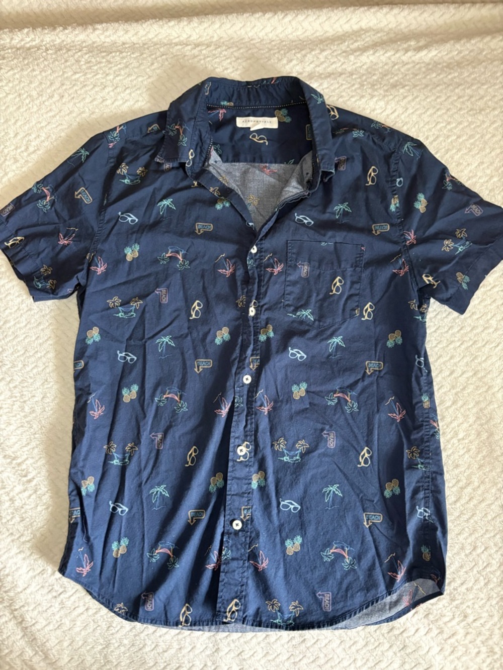 Aeropostale Navy Short-Sleeve Button-Down Shirt with Tropical Icons